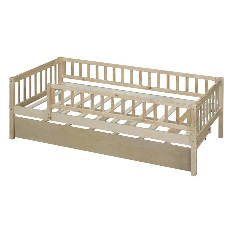 Twin Size Wooden Daybed with Trundle and Fence Guardrails, Space-Saving Design