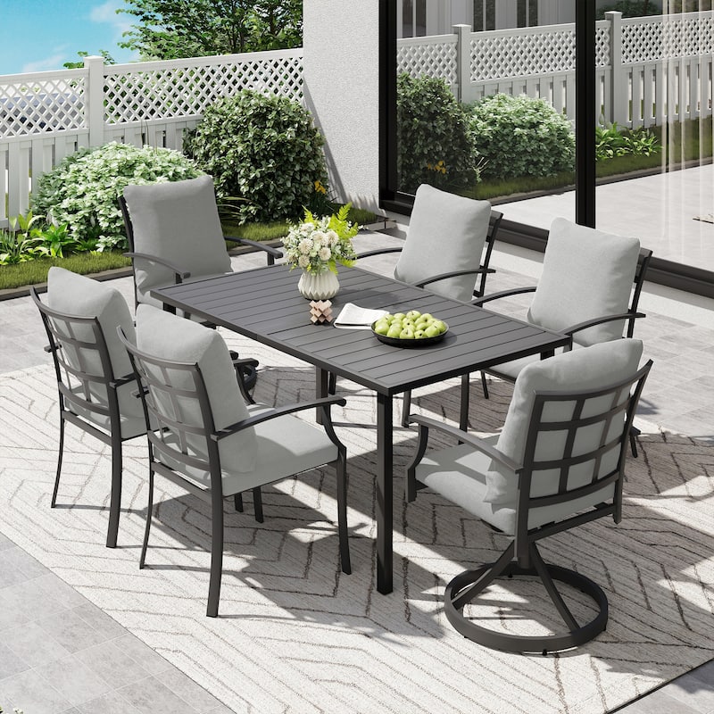 IvyGlow 7-Piece Black Metal Patio Dining Set with Rectangular Table, 2 Swivel Dining Chairs and Gray Cushions