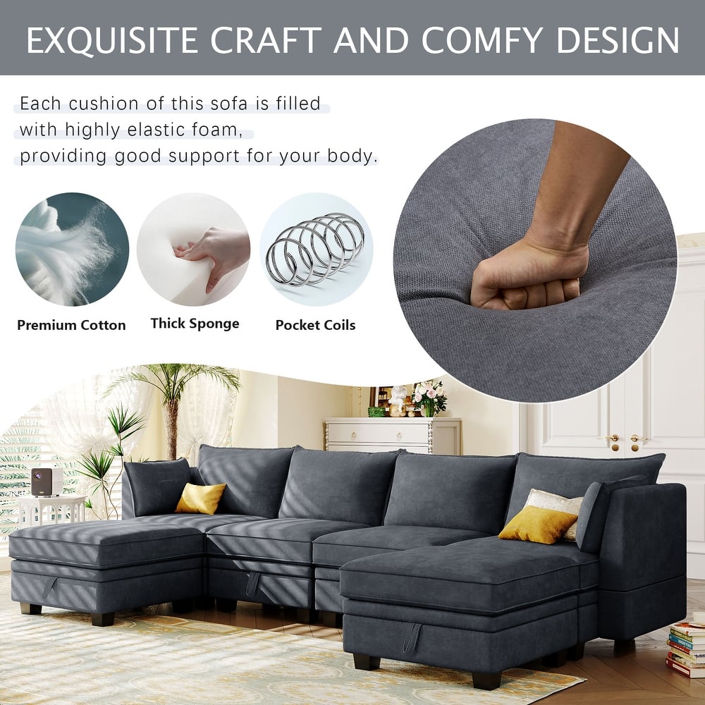 Linen Convertible Sleeper Sofa Bed with Reversible Chaise, U-Shape Modular Sectional Sofa w/Storage Seat, 6-Seater Sofa Chaise