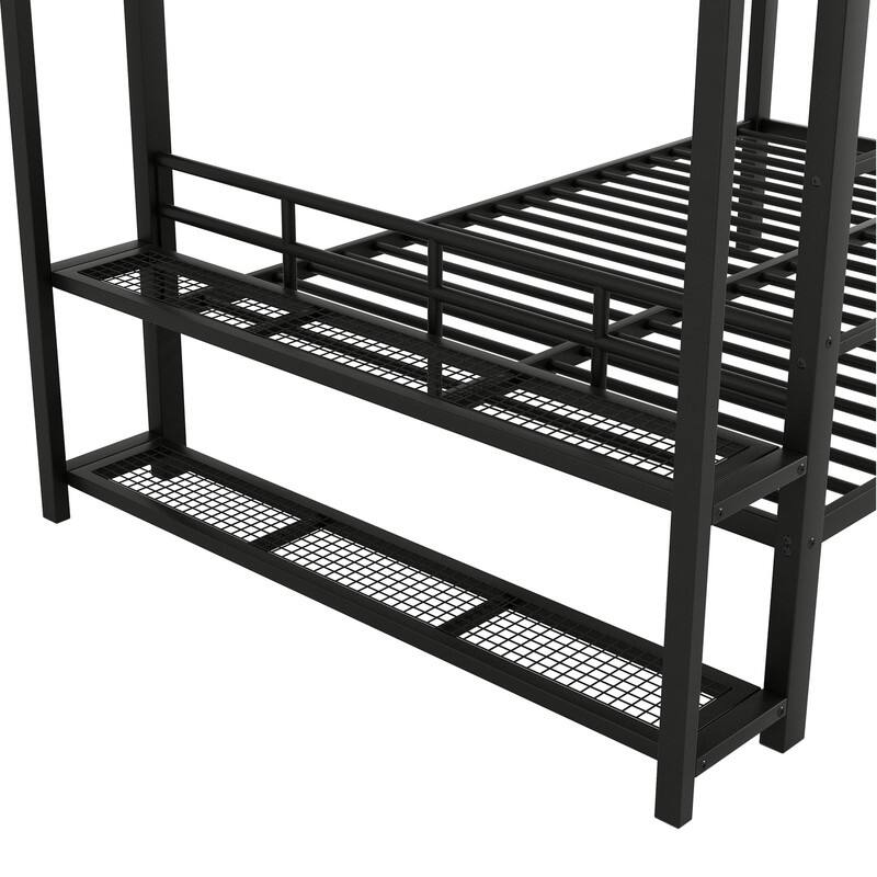 Full over Full Size Metal Bunk Bed with Mesh Shelves and Clothes Hooks, Storage Bed Frame with LED Light and Ladder