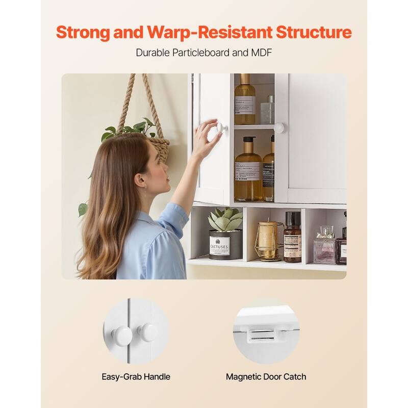 White Wall Mounted Bathroom Storage Cabinet with 3 Adjustable Shelves for Bottles and Toiletries - 22” x 7” x 23”