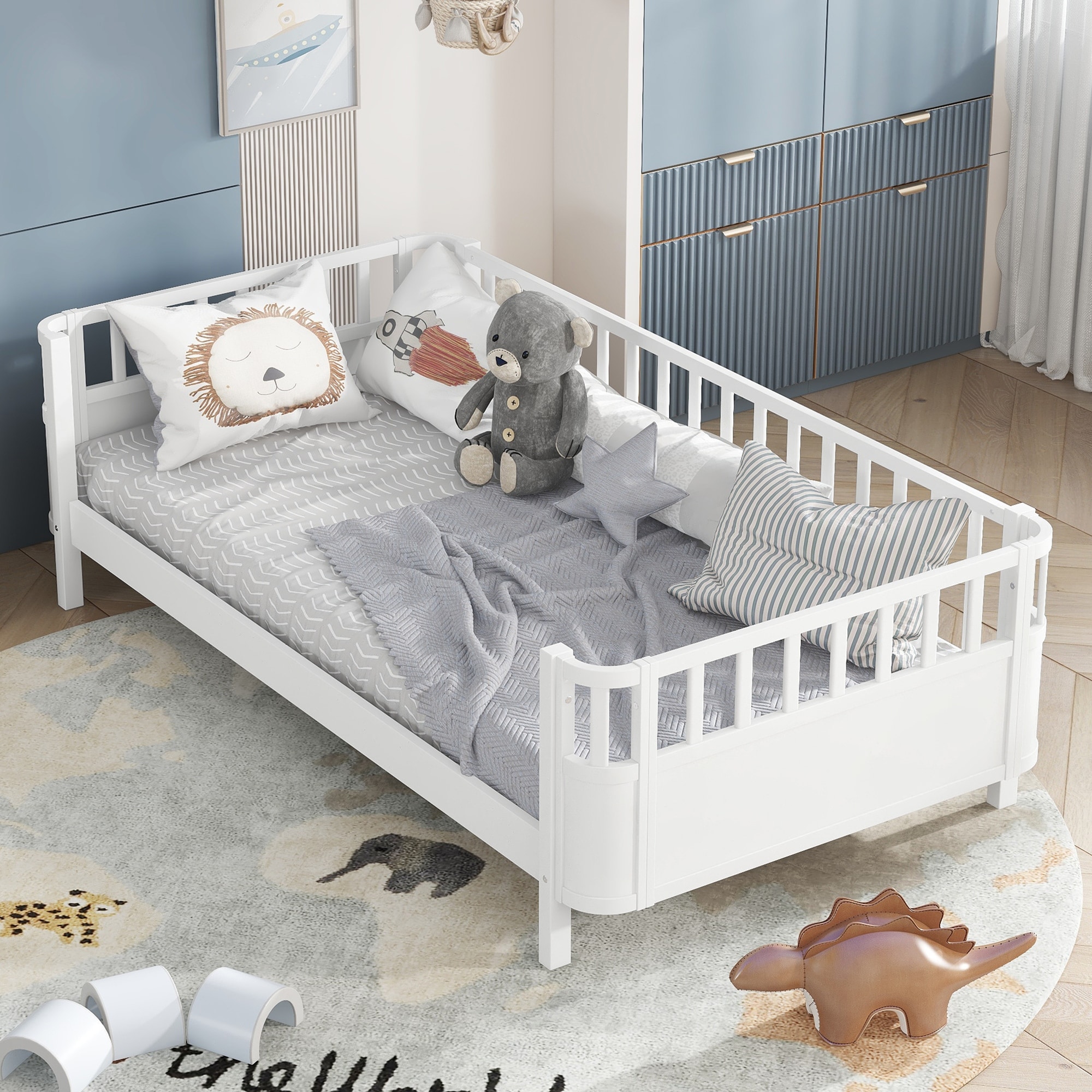 Multi Size Low Platform Bed for Kids with Rounded Corners Guardrails, Detachable Right-side Fence and Open Left-side Design
