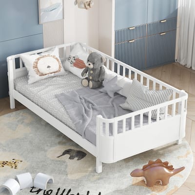 Twin/Twin XL Size Wood Platform Bed with Safety Guardrails & Detachable Fence - Low Profile Kids Bed Frame