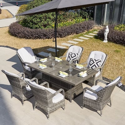 Patio 7-piece Dining Set with Aluminum Fire Pit Table with 6 Woven Chairs