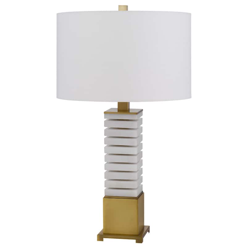 28 Inch Table Lamp, White Drum Hardback, Marble and Antique Brass Finish