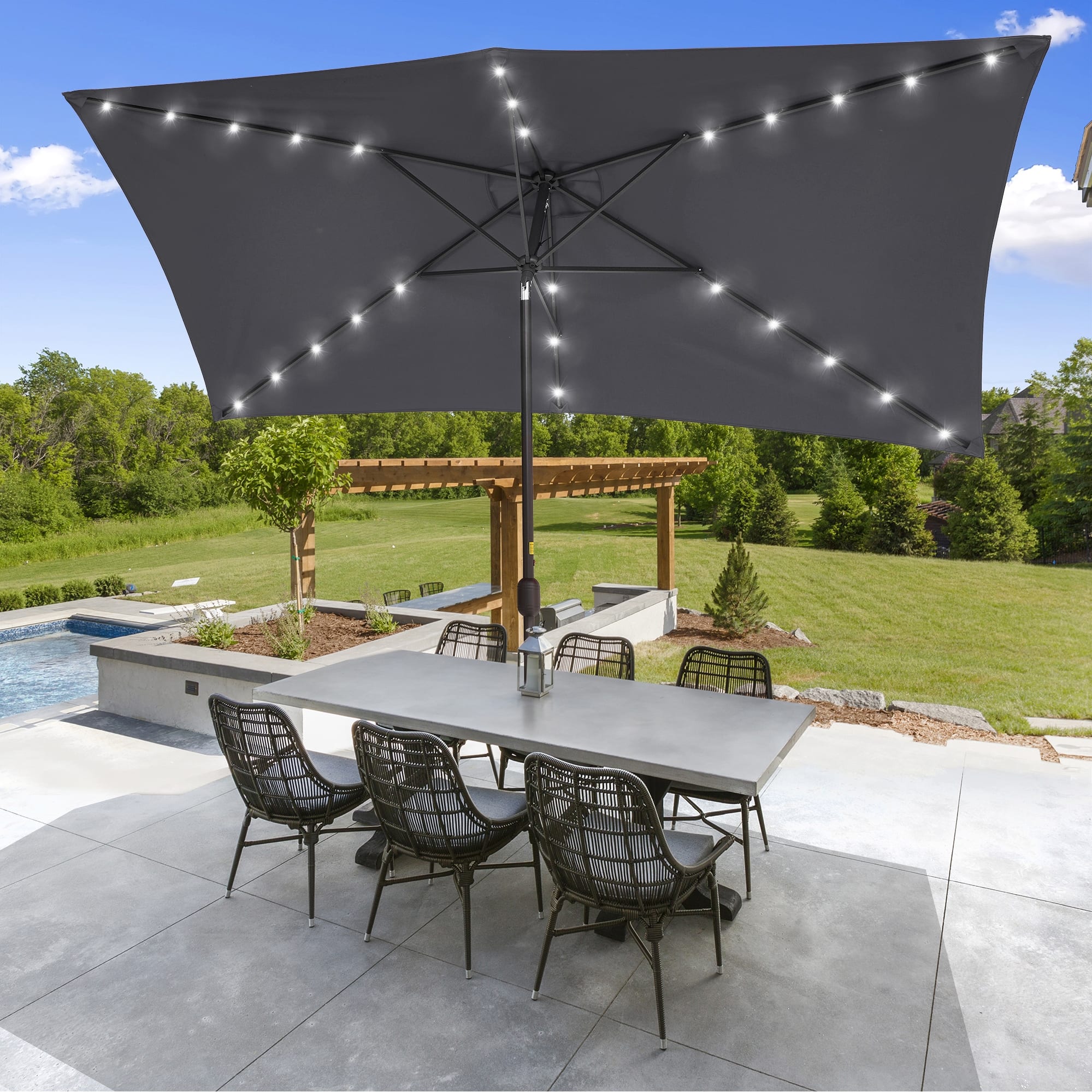 6 ft patio rectangle umbrella with base Rectangular Outdoor 6.6x10 UVProtected WineRed Easy assembly in minutes Rectangular Patio Umbrella, 6.5', Crank