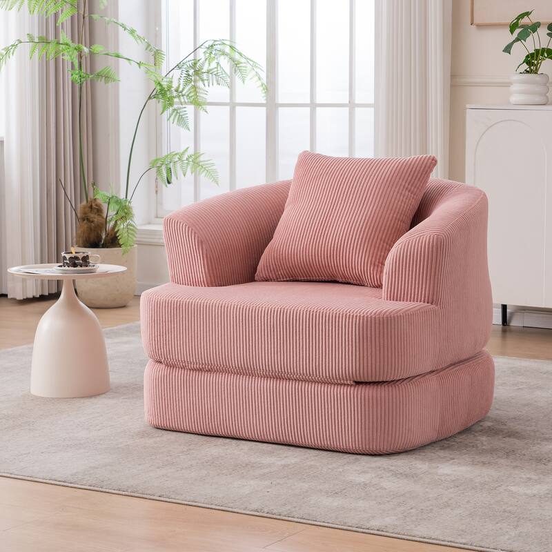 Single Club Arm Chairs Corduroy Recliner Foldable Chaise Lounges Floor Accent Chairs with Pillow for Living Room Lounge Chairs - Pink