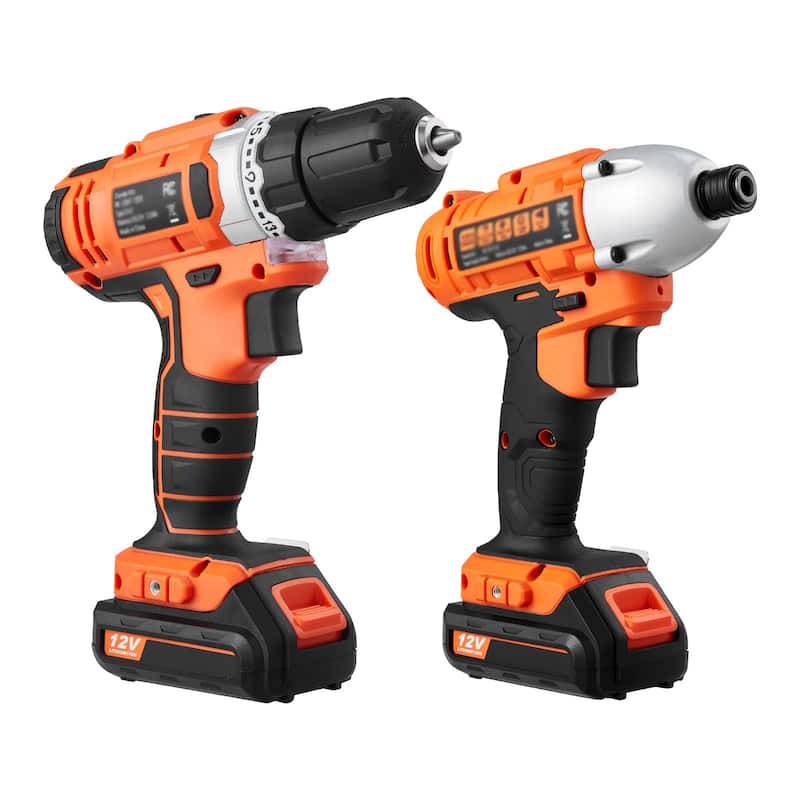 Black and Orange 12V Cordless 2 Tool Power Drill and Impact Driver Set with 2Ah Batteries and Fast Charger