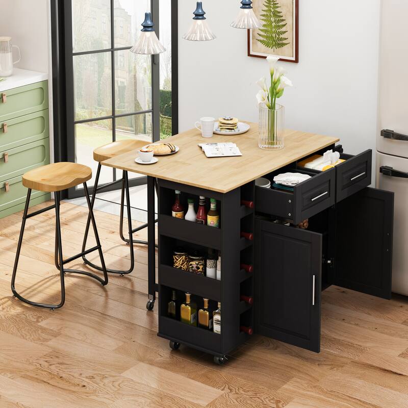 Rolling Kitchen Island on Wheels, Drop Leaf Kitchen Cart with Seating, Breakfast Bar Set with 2 Bar Stools and Wine Storage