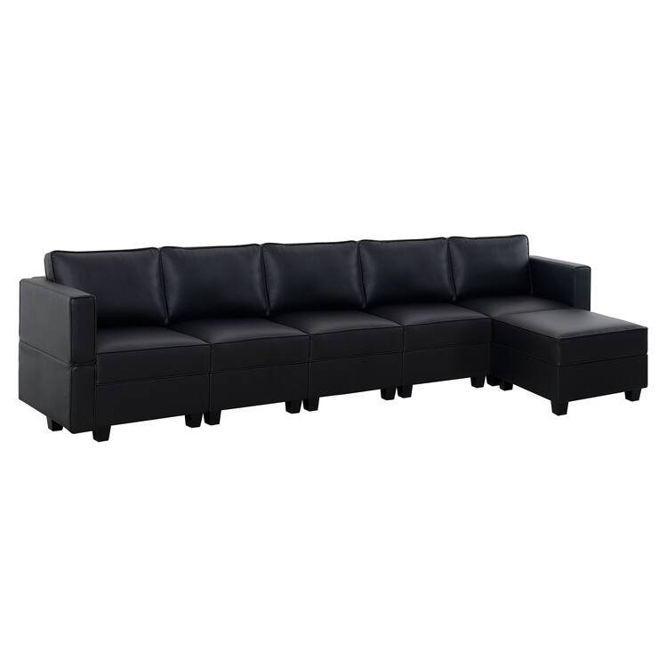 Modern 5-Seater DIY Convertible Modular Sectional Sofa Collection combo - 5-Seater with ottoman/Reclining Armrest,Black