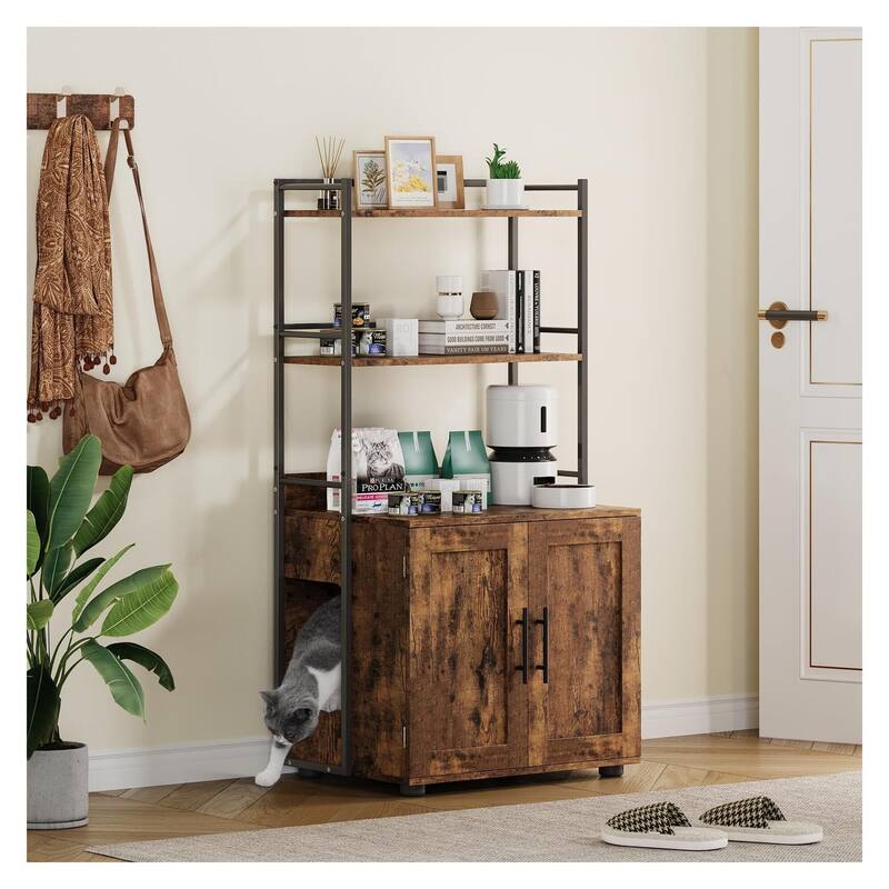 Cat Litter Box Enclosure with Shelf Storage - Brown