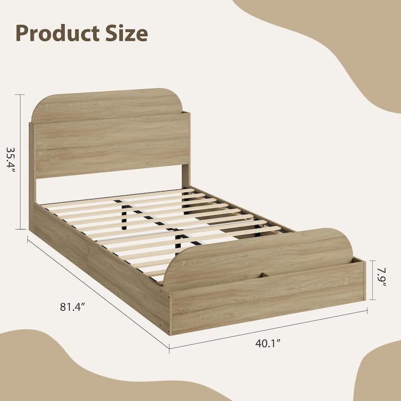 Twin Size Bed Frame, Wooden Beds with Storage Headboard and Raised-Foodboard, Floor Low Platform Bed
