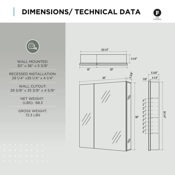 dimension image slide 2 of 15, Bathroom Medicine Cabinet, Aluminum, Recessed/Surface Mount, Right/Left Hinged, Mirrored Interior