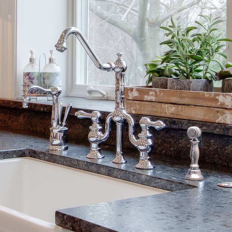 Bridge Faucet with Swivel Spout with Solid Metal Side Spray