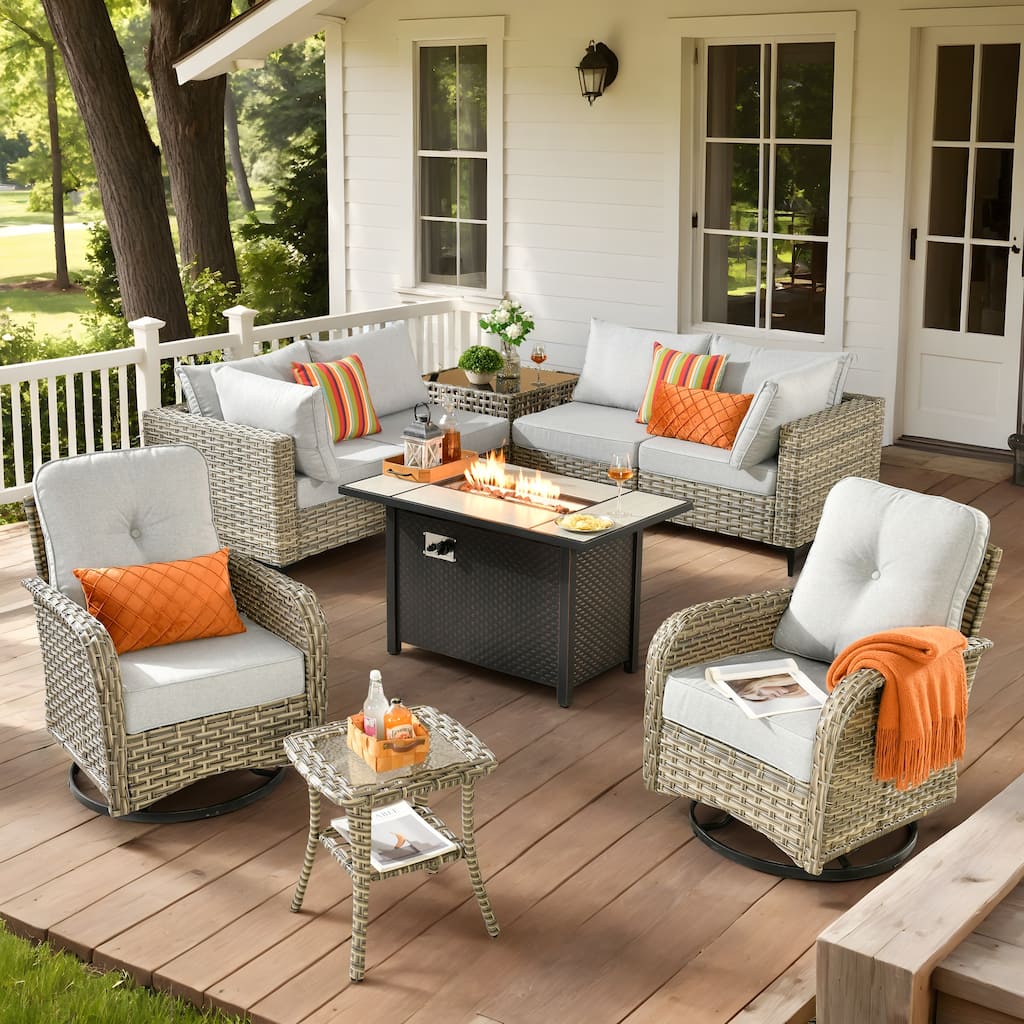 XIZZI 9-Piece Outdoor Sectional Furniture Swivel Chair Set with Fire Pit