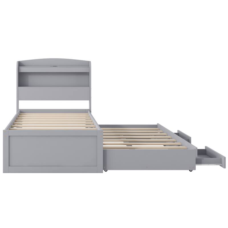 Twin XL Size Platform Bed with Storage LED Headboard, Charging Station, Twin Size Trundle and 2 Drawers, Gray