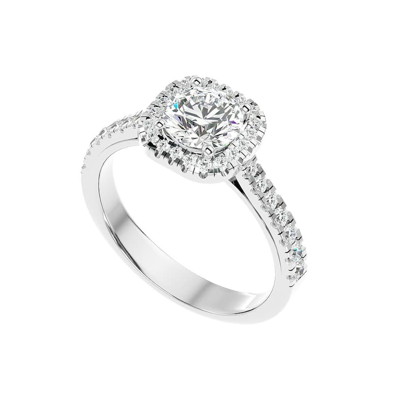 1 1/6Ct Moissanite & Diamond Cushion Halo Engagement Ring White or Yellow Gold