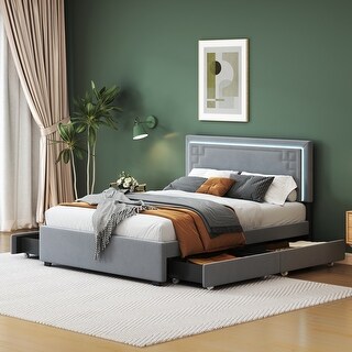 Queen Size Bed Velvet Upholstered Platform Storage Bed with 4 Drawers, Rivet-decorated Headboard and Embedded LED Light Strip