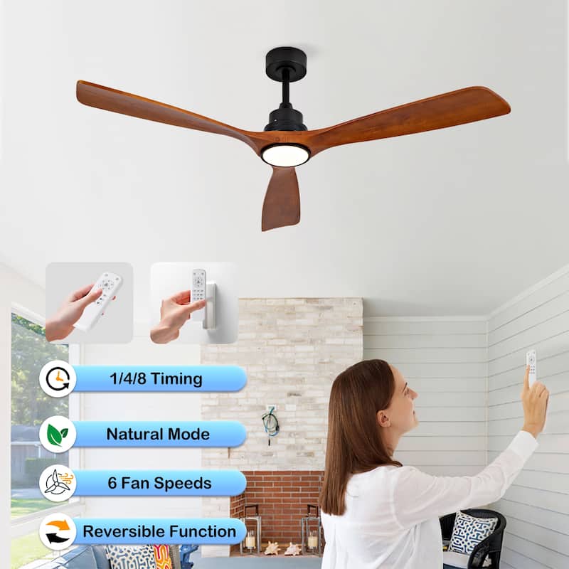 60" Ceiling Fan w/ 18W Led Light 3 Solid Wood Blades Remote Control Reversible DC Motor