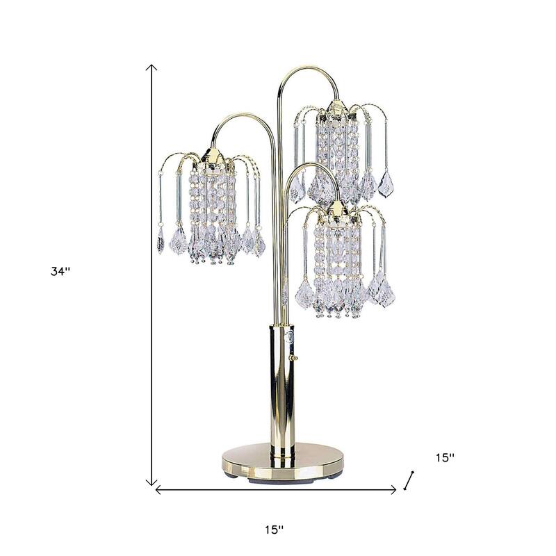 HomeRoots 34" Gold and Faux Crystal Three Light Chandelier Table Lamp - 15' X '34' X '15