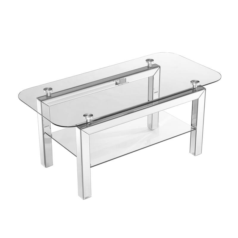 Rectangle Tempered Glass Coffee Table, Tea Table for Waiting Room, Modern Side Coffee Table with Mirrored Stainless Leg