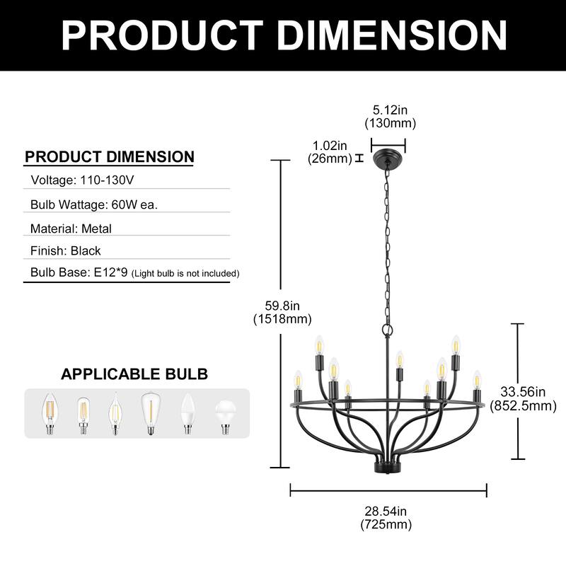YANSUN 9-Light Ring Chandelier with E12 Base, Large Circular Design in Matte Black Finish for Modern and Industrial Décor