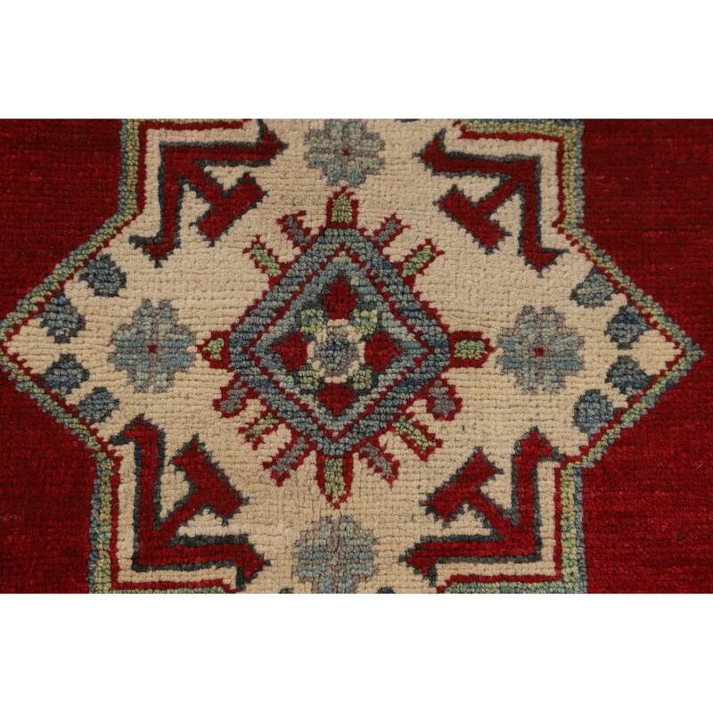 Red Geometric Kazak Foyer Rug Handmade Oriental Wool Carpet - 3'6" x 5'1"