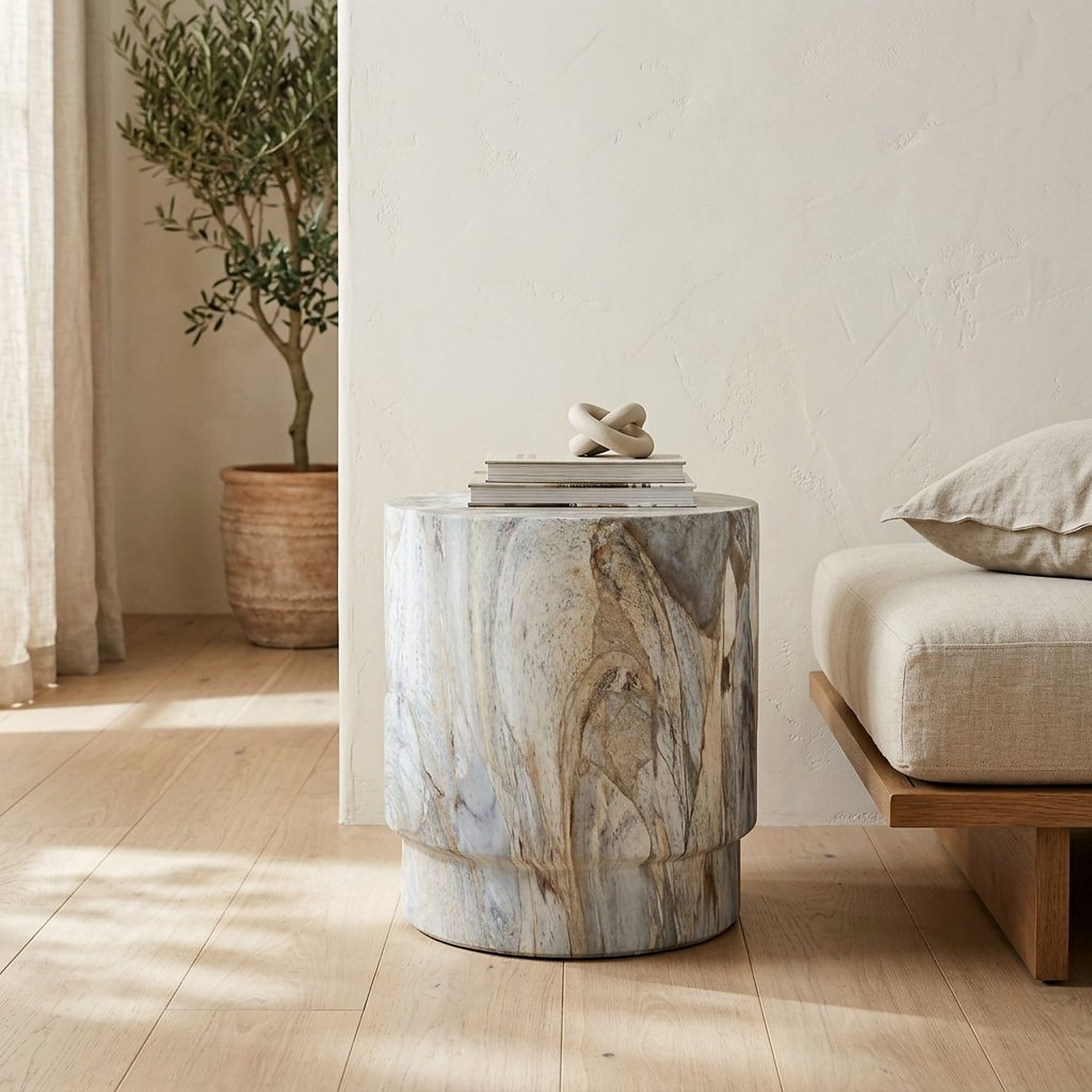 Christopher Knight Home - Multi-Purpose Accent Side Table, Lightweight MGO Drum Construction & Stone-Look Finish