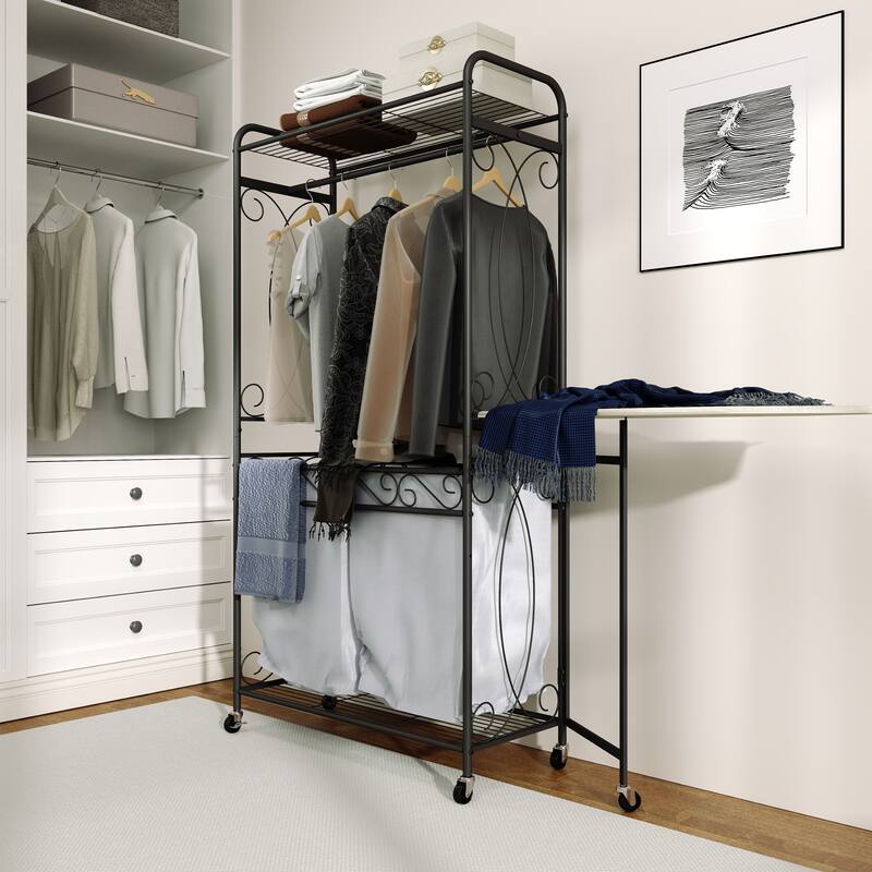 Multi-Functional Laundry Hamper Organizer with Hanging Rail and Storage Shelf - Rolling Laundry Cart with Wheels
