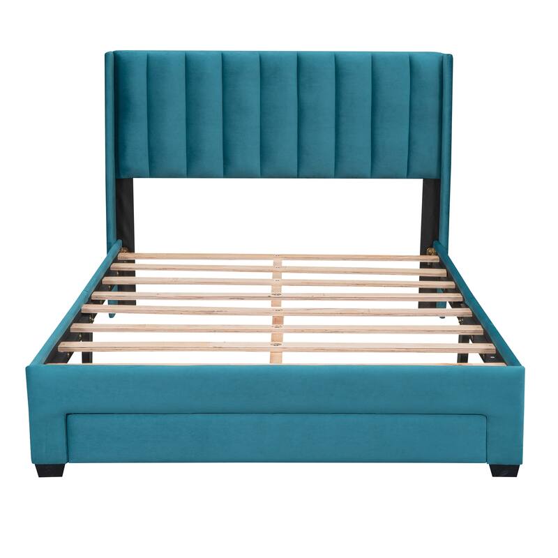 Full Size Storage Bed Velvet Upholstered Platform Bed with a Big Drawer