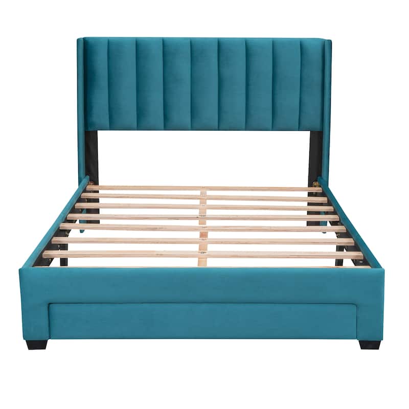 Velvet Upholstered Platform Bed with a Big Drawer,Full/Queen Size