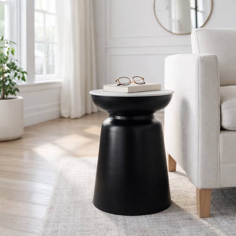 Metal Marble Round Top Drum End Table - Black, 20" - 20.0"
