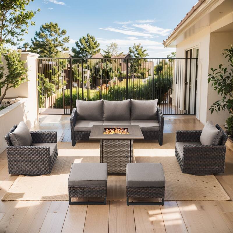 Outdoor Pocassy Sofa Chairs Set with Fire Table - Brown Wicker Beige Cushion - 6 Pieces