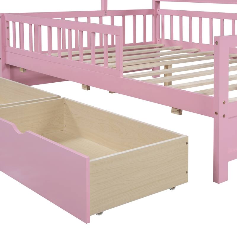 Wood House Bed with 2 Drawers, Kids Bed with Storage Shelf