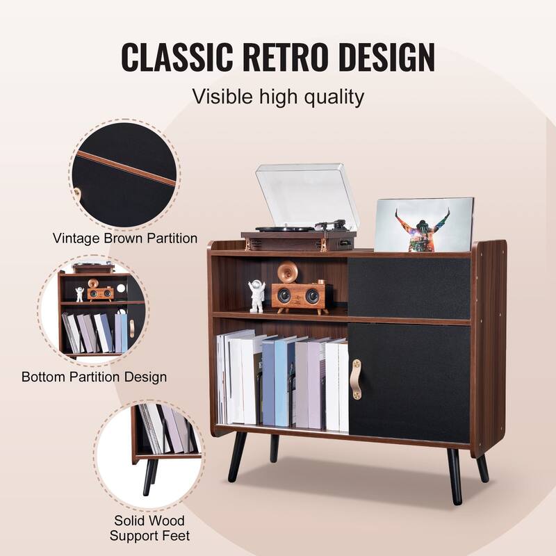 Turntable Stand with Storage, Holds 350 Records, Built-in Power Outlet - 34.25 x 14.37 x 30.51 inch