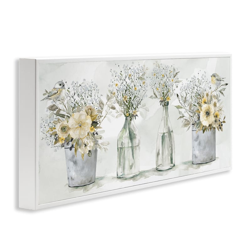 Stupell Farmhouse Floral Bouquets Song Birds Rustic Vases Framed Wall Art - Yellow