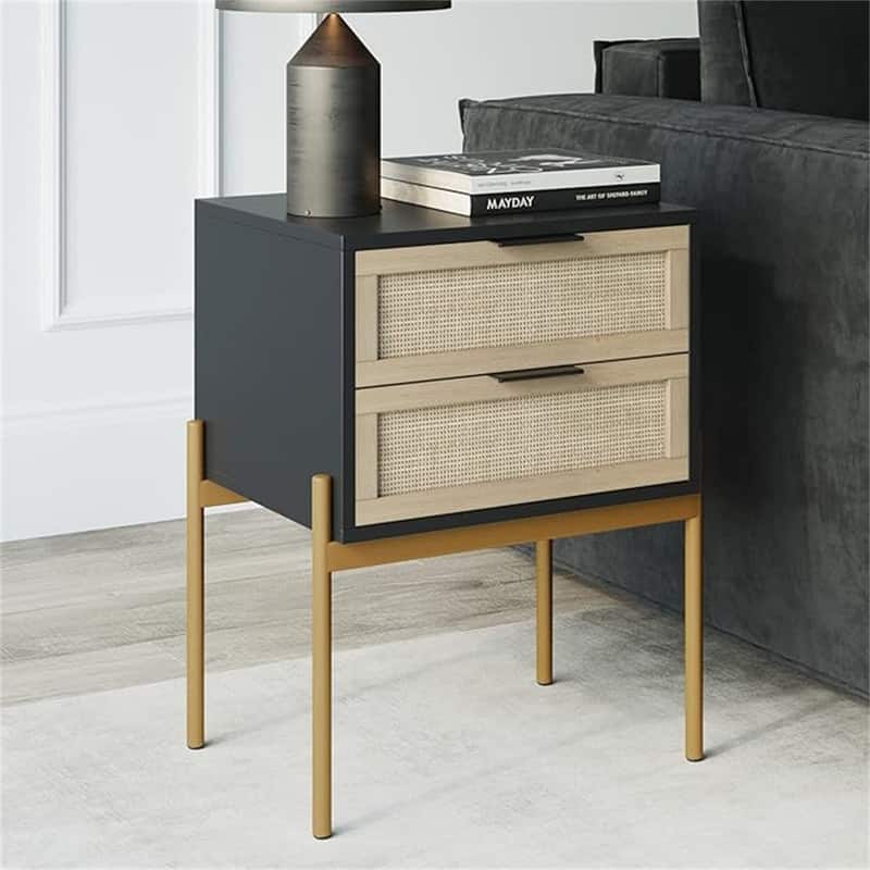 Nightstand with Drawers - Black/Cane/Gold