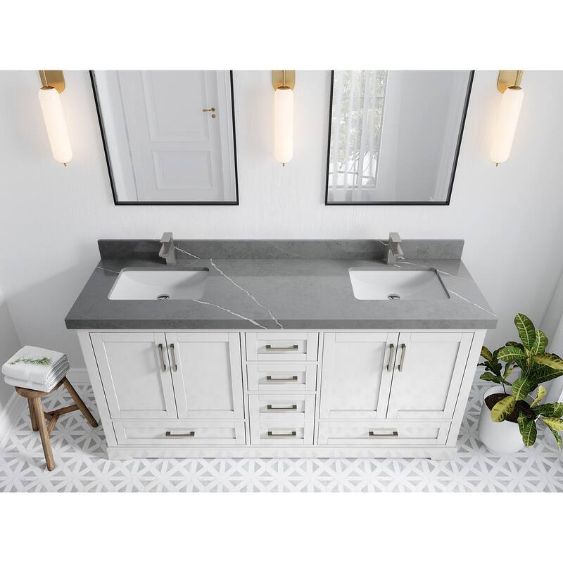 Willow Collection 72 in W x 22 in D x 36 in H Boston Double Bowl Sink Bathroom Vanity with Countertop - 2"Piatra Gray - White