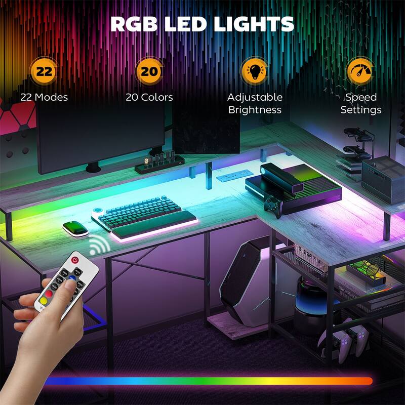 Shaped Desk with RGB LED Light USB Charging Ports Ergonomic Monitor Stands and Storage Shelves Sturdy Corner Office Workstation