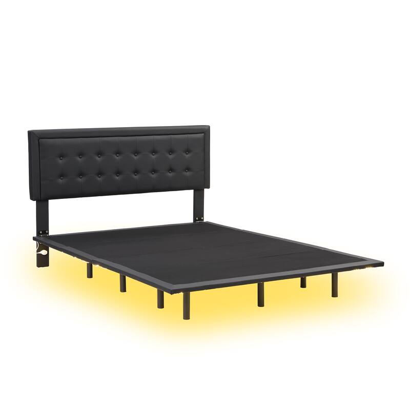 Queen Size Floating Bed Upholstered Platform Bed w/ Night Light, Black