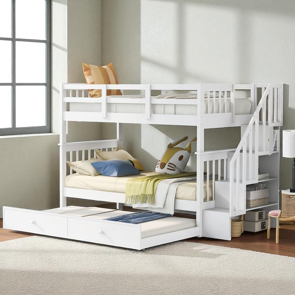 Stairway Twin Over Twin Bunk Bed with Trundle and Storage Drawers, Convertible Design, Solid Wood Frame