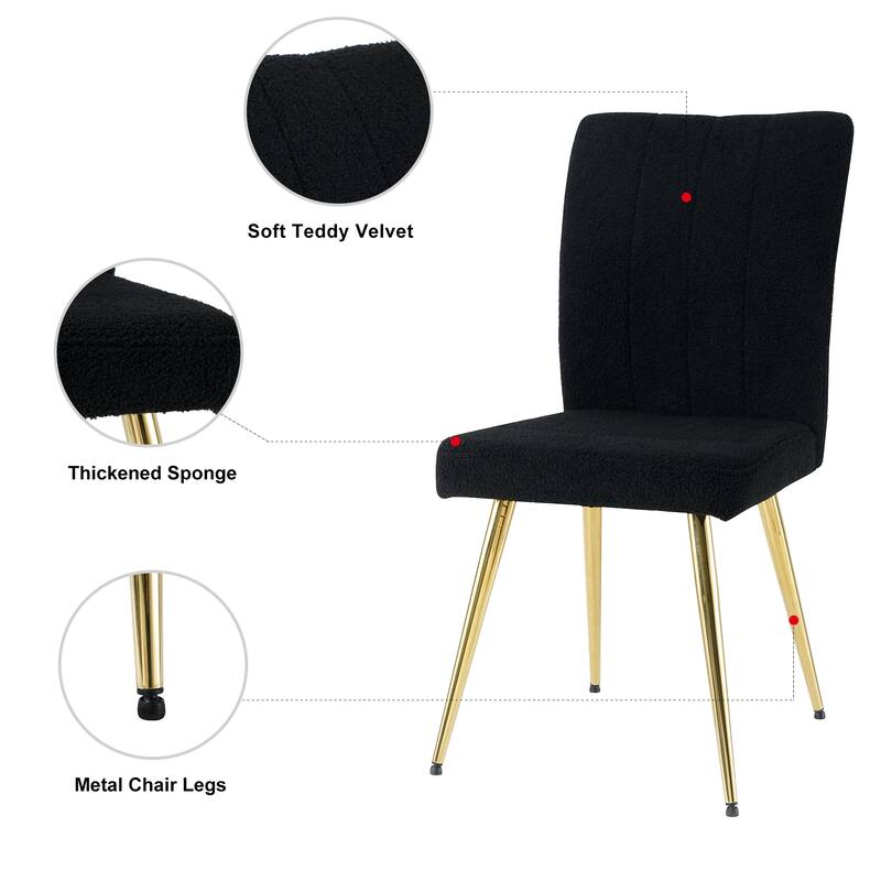 Modern Black Teddy Wool Dining Chairs Set of 4, Upholstered Chair with Fabric Accent Side Chair, Side Chair with Gold Metal Legs