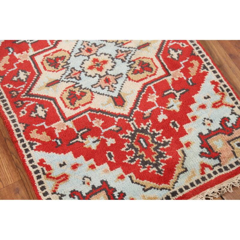 Geometric Red Kazak Indian Accent Rug Hand-Knotted Wool Carpet - 2'0"x 3'0"