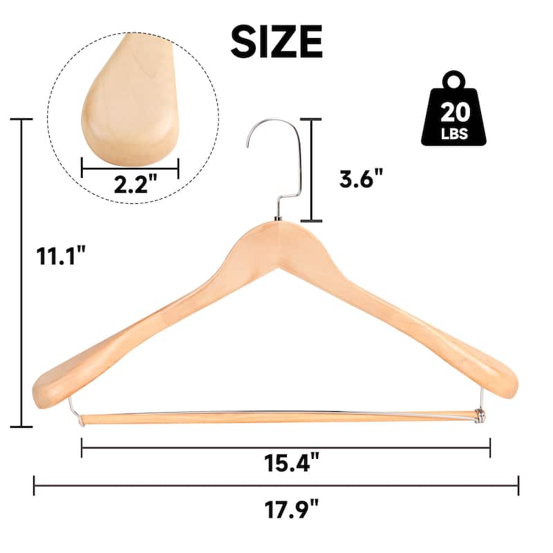 BP4U Premium Wide Shoulder Wooden Suit Hangers, Heavy-Duty Non-Slip Solid Wood Coat Hangers with Locking Bar