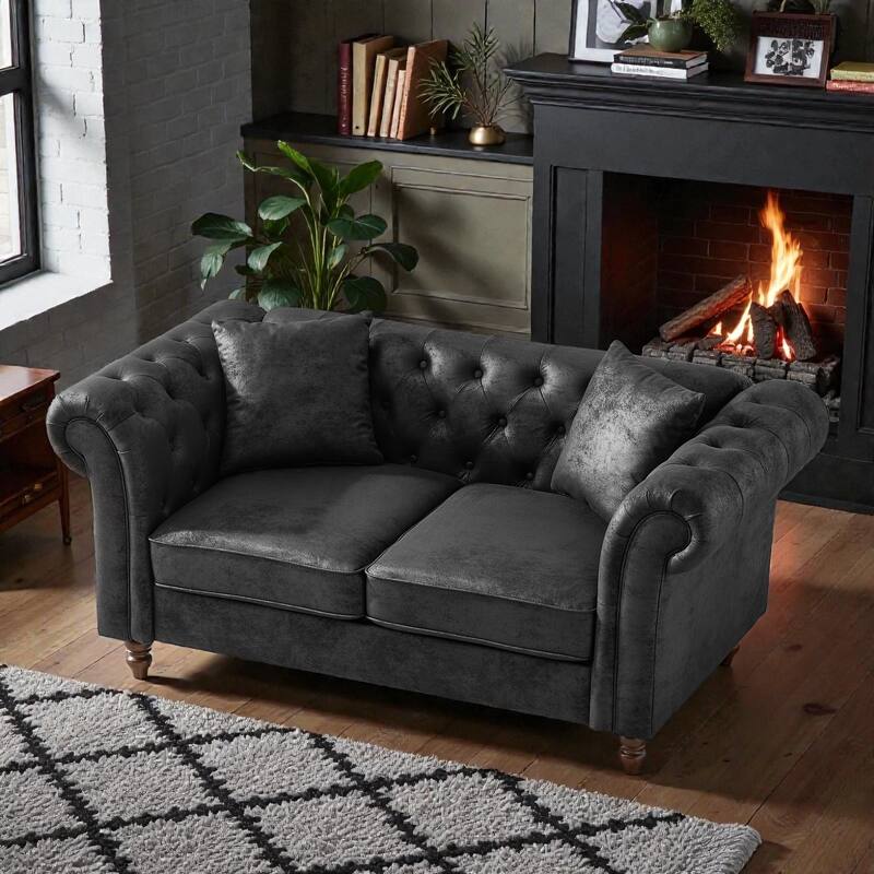 66" Chesterfield Tech Fabric Sofa, Rolled Arm 2-Seater Upholstered Couch for Living Room, Office & Apartments