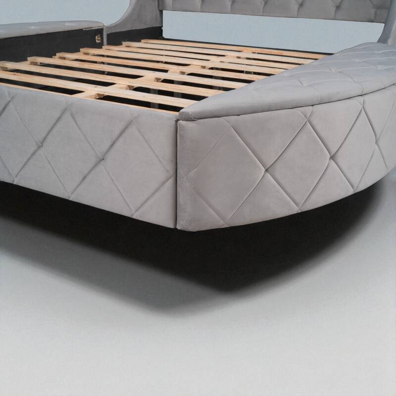 Queen Upholstered Platform Bed with Wingback Headboard, Velvet Fabric, Storage Drawer & 2 Side Storage Stools