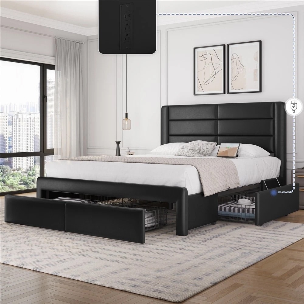 Upholstered Bed Frame Storage Drawers and Built-In USB Ports Queen