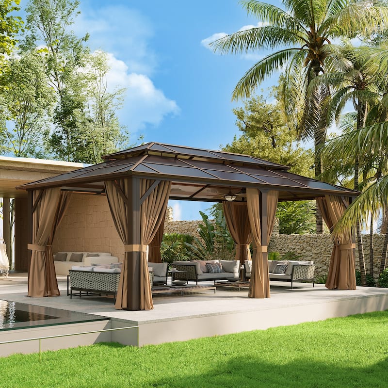 Hardtop Gazebo, Aluminum Frame Permanent Pavilion with Curtains and Netting - 20'x12' - Brown