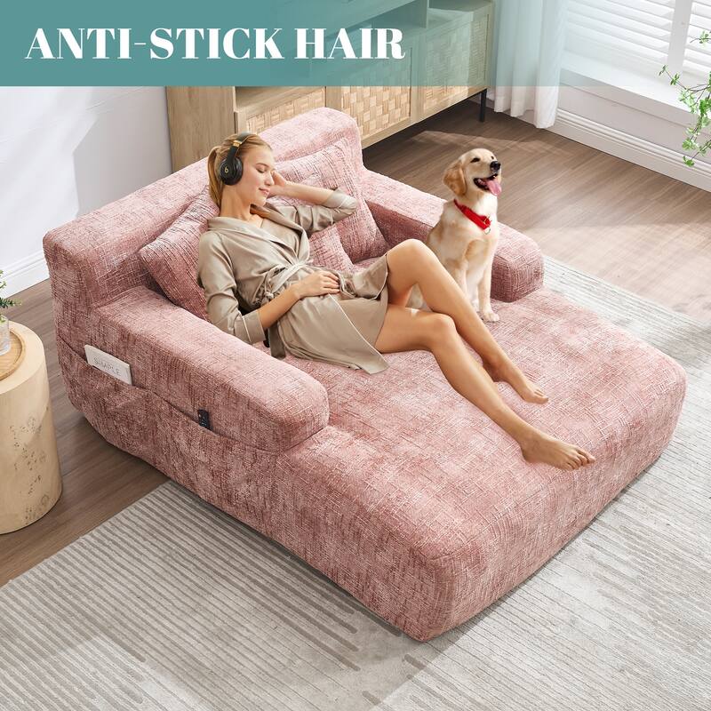 Chenille Lazy Sofa Chaise Lounge with Pillows - Convertible Armchair with Armrests, Multi-Position Sleeper for Living Room