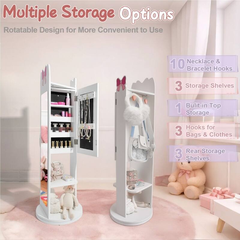 Kids MDF Jewelry Cabinet In White Jewelry Armoire With Rotatable Base, 1 Door And 1 Shelf - N/A
